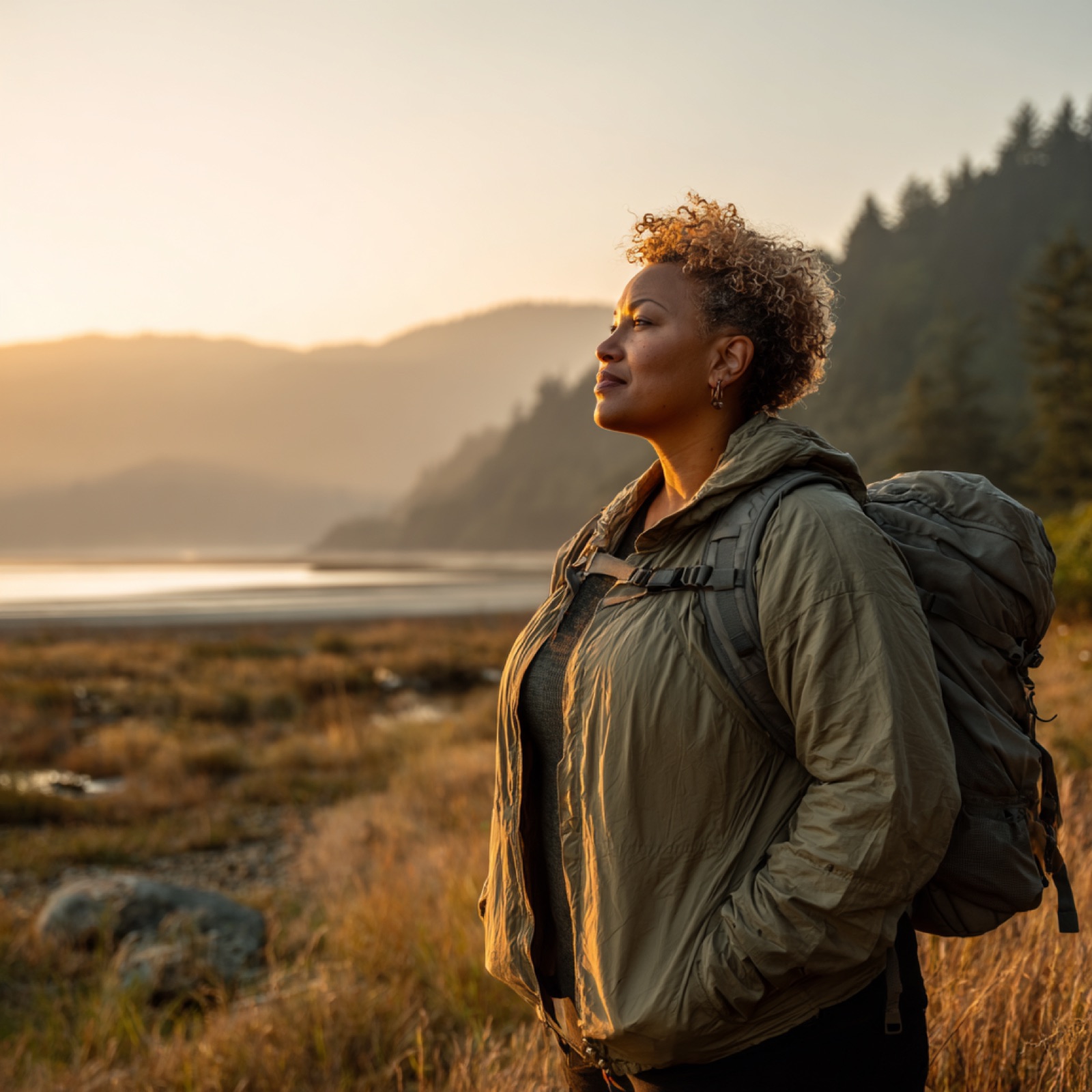A woman outdoors at sunrise on a trail above the water