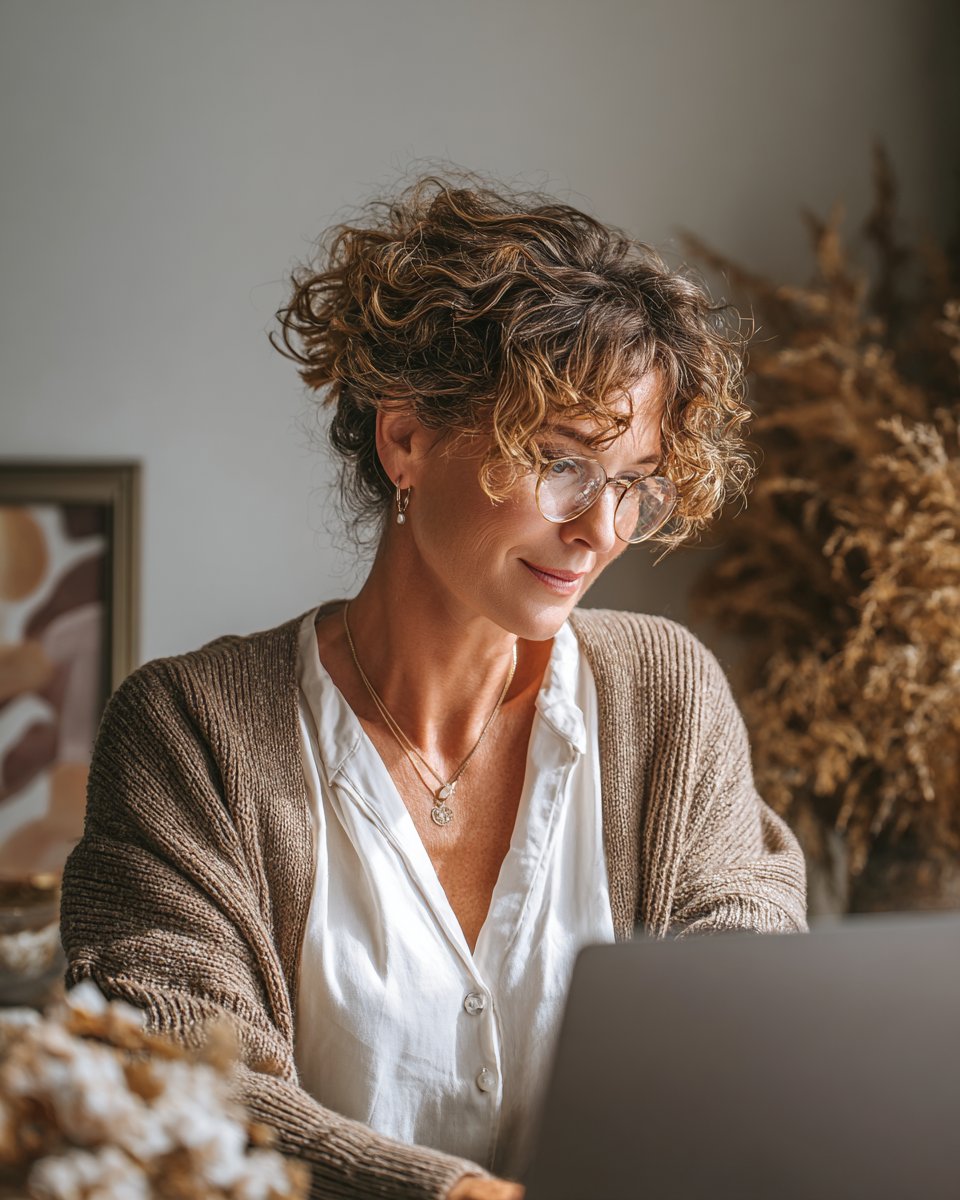 A woman at her laptop in a sunlit room, catching up on messages