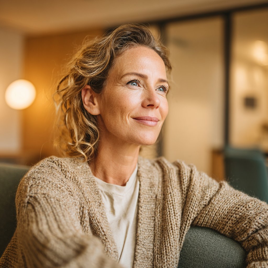 A woman relaxing at home, smiling
