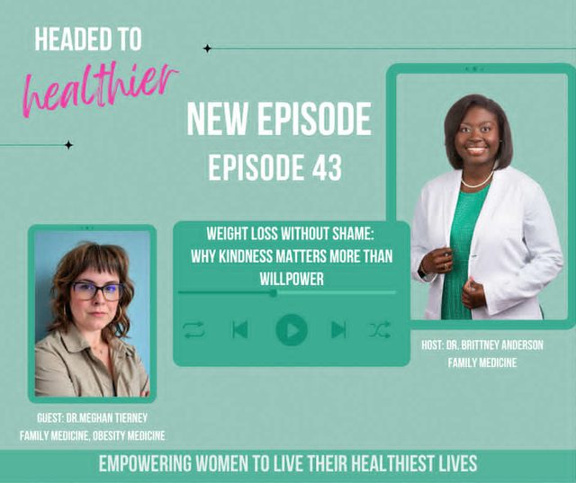 Headed to Healthier podcast, Episode 43: Weight Loss Without Shame, with host Dr. Brittney Anderson and guest Dr. Meghan Tierney